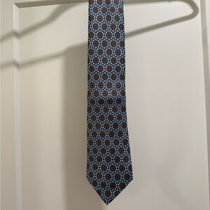 Hermes Luxury Men’s Necktie - 100% Silk - Brown and Blue Geometric Pattern